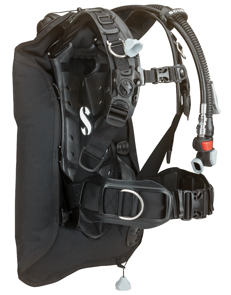 Black SCUBAPRO Hydros Core BCD showing the harness, waist buckle and inflator hose.