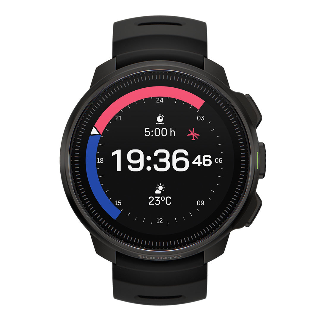Suunto Ocean dive computer with a black bezel and black strap, front view.