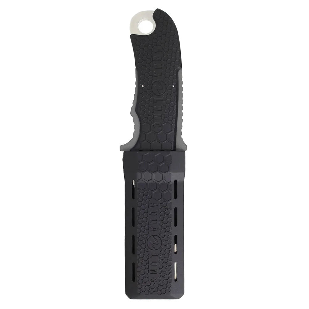 Aqualung Squeeze Lock Blunt Tip knife secured in sheath