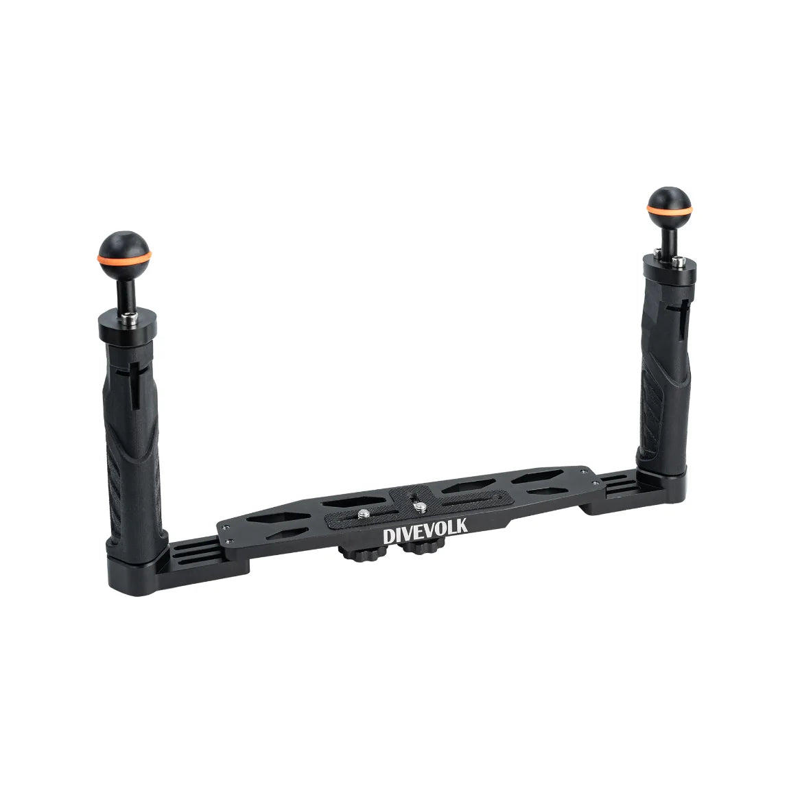 Divevolk dual handle underwater camera tray with two grips and ball-head mounts