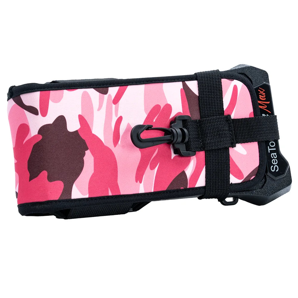 Pink camouflage Divevolk protective cover fitted over a SeaTouch underwater housing