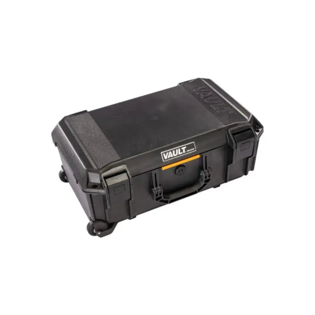 Black Pelican V525 Vault rolling case, closed at an angle
