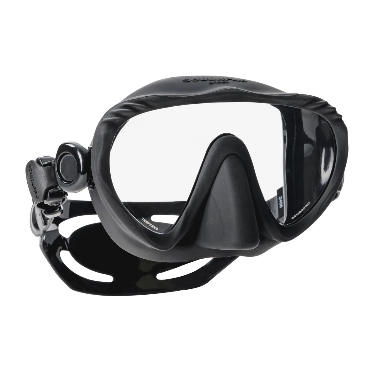 SCUBAPRO Ghost frameless dive mask in black, angled view