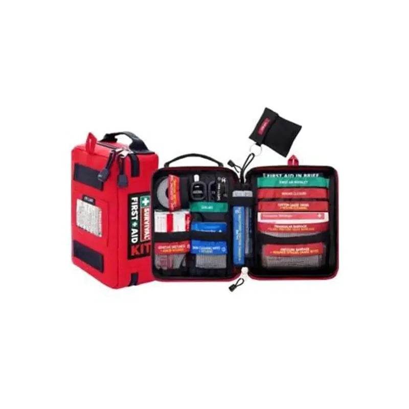 SURVIVAL Handy First Aid Kit showing the red carry bag and organised interior