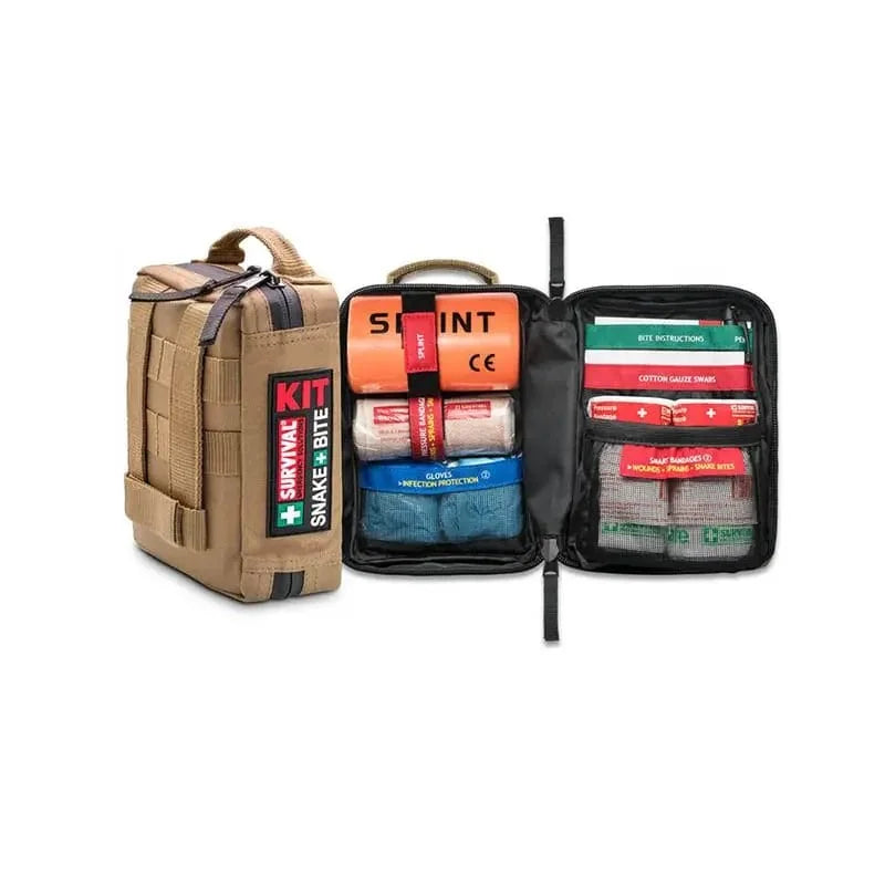 SURVIVAL Snake Bite Kit showing the tan bag and organised interior